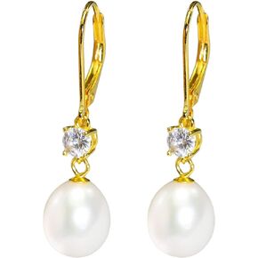 JORA Sterling Silver/Rose Gold Leverback White Freshwater Cultured Pearl Drop Earring for Wedding Jewelry Gift for Women