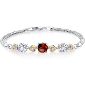 Gem Stone King 925 Sterling Silver and 10k Yellow Gold Red Garnet White Created Sapphire and White Lab Grown Diamond Bracelet For Women (3.58 Cttw, Round 7MM and 6MM, 6.5/7/7.5 Inch, Made In Italy)