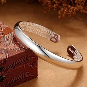 999 Sterling Silver Plated Glossy Heart Sutra Open Bangles Fashionable Shining Bracelet Ethnic Style Open Silver Engraved Cuff Bangle