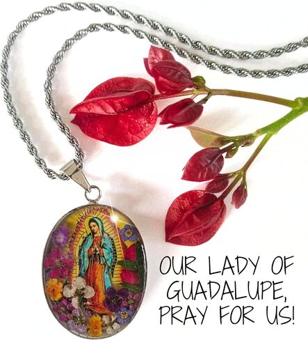 Virgin Mary Necklace Lady of Guadalupe Pendant Mary Medal Pressed Flower 925 Sterling Silver with 20" Stainless Steel Chain Medalla Virgen Maria Catholic Religious Mexico Jewelry -Handmade by Mexican in Saudi Arabia