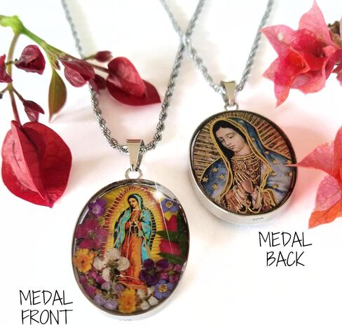 Virgin Mary Necklace Lady of Guadalupe Pendant Mary Medal Pressed Flower 925 Sterling Silver with 20" Stainless Steel Chain Medalla Virgen Maria Catholic Religious Mexico Jewelry -Handmade by Mexican in Saudi Arabia