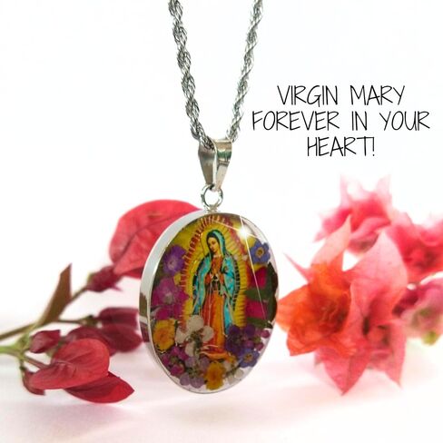 Virgin Mary Necklace Lady of Guadalupe Pendant Mary Medal Pressed Flower 925 Sterling Silver with 20" Stainless Steel Chain Medalla Virgen Maria Catholic Religious Mexico Jewelry -Handmade by Mexican in Saudi Arabia