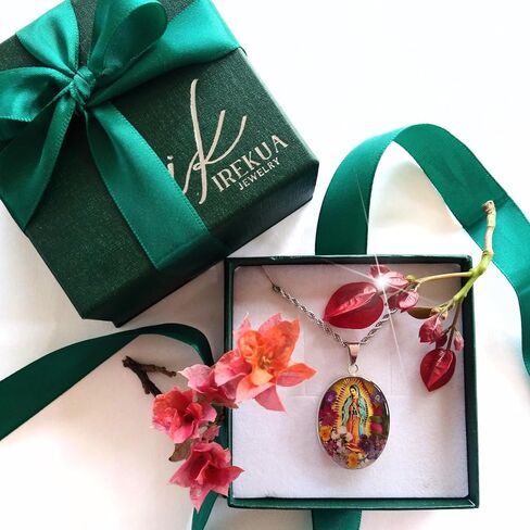 Virgin Mary Necklace Lady of Guadalupe Pendant Mary Medal Pressed Flower 925 Sterling Silver with 20" Stainless Steel Chain Medalla Virgen Maria Catholic Religious Mexico Jewelry -Handmade by Mexican in Saudi Arabia