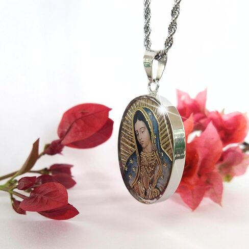 Virgin Mary Necklace Lady of Guadalupe Pendant Mary Medal Pressed Flower 925 Sterling Silver with 20" Stainless Steel Chain Medalla Virgen Maria Catholic Religious Mexico Jewelry -Handmade by Mexican in Saudi Arabia