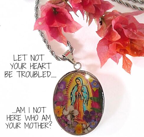 Virgin Mary Necklace Lady of Guadalupe Pendant Mary Medal Pressed Flower 925 Sterling Silver with 20" Stainless Steel Chain Medalla Virgen Maria Catholic Religious Mexico Jewelry -Handmade by Mexican in Saudi Arabia