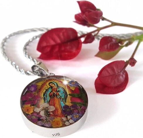 Virgin Mary Necklace Lady of Guadalupe Pendant Mary Medal Pressed Flower 925 Sterling Silver with 20" Stainless Steel Chain Medalla Virgen Maria Catholic Religious Mexico Jewelry -Handmade by Mexican in Saudi Arabia