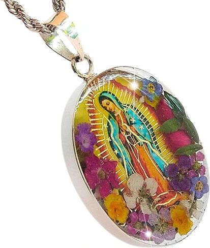 Virgin Mary Necklace Lady of Guadalupe Pendant Mary Medal Pressed Flower 925 Sterling Silver with 20" Stainless Steel Chain Medalla Virgen Maria Catholic Religious Mexico Jewelry -Handmade by Mexican in Saudi Arabia
