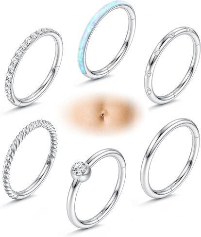 FINREZIO 6PCS 14G Belly Button Rings for Women 316L Surgical Steel Belly Ring Hoop CZ Hinged Navel Rings Clicker Segment Belly Piercing Jewelry Gold Silver Tone 8mm 10mm 12mm in Kuwait