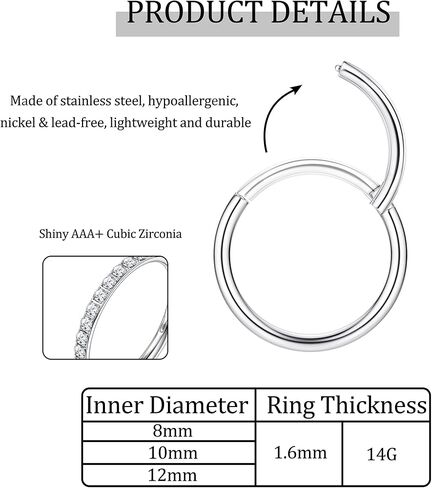 FINREZIO 6PCS 14G Belly Button Rings for Women 316L Surgical Steel Belly Ring Hoop CZ Hinged Navel Rings Clicker Segment Belly Piercing Jewelry Gold Silver Tone 8mm 10mm 12mm in Kuwait