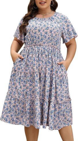 Nemidor Womens Casual Plus Size Short Sleeve Layered Swing Summer Midi Dress with Pocket NEM527 in Saudi Arabia