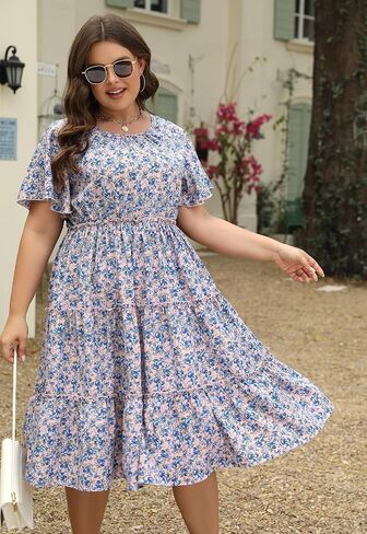 Nemidor Womens Casual Plus Size Short Sleeve Layered Swing Summer Midi Dress with Pocket NEM527 in Saudi Arabia