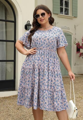 Nemidor Womens Casual Plus Size Short Sleeve Layered Swing Summer Midi Dress with Pocket NEM527 in Saudi Arabia