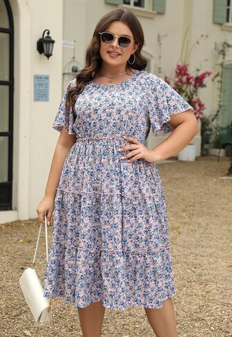 Nemidor Womens Casual Plus Size Short Sleeve Layered Swing Summer Midi Dress with Pocket NEM527 in Saudi Arabia