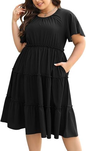 Nemidor Womens Casual Plus Size Short Sleeve Layered Swing Summer Midi Dress with Pocket NEM527 in Saudi Arabia