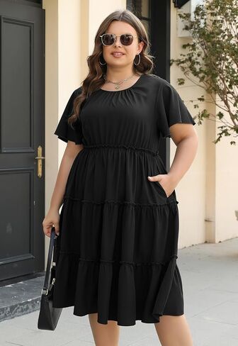 Nemidor Womens Casual Plus Size Short Sleeve Layered Swing Summer Midi Dress with Pocket NEM527 in Saudi Arabia