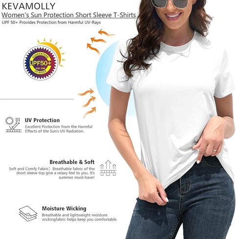تي شيرت أبيض أساسي من KevaMolly للسيدات بعامل حماية من الأشعة فوق البنفسجية 50 + بأكمام قصيرة قميص صيفي غير رسمي عصري وفضفاض مناسب in Kuwait
