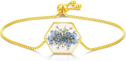سوار Forget-Me-Not وQueen Anne's Wildflower المضغوط من الدانتيل | سوار راتنج الزهور البرية المضغوطة بالذهب | سوار يدوي شخصي | سوار زهرة ولاية ألاسكا | العودة إلى المدرسة in Saudi Arabia