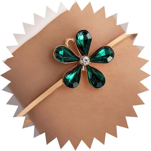 Zeshimb Gold Cuff Bangle Bracelet Vintage Emerald Flower Open Bangle Dainty Green Crystal Flower Wrist Bangle Adjustable Thin Cuff Bracelet Hand Jewelry for Women Girls in Saudi Arabia