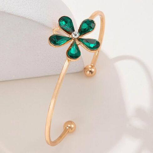 Zeshimb Gold Cuff Bangle Bracelet Vintage Emerald Flower Open Bangle Dainty Green Crystal Flower Wrist Bangle Adjustable Thin Cuff Bracelet Hand Jewelry for Women Girls in Saudi Arabia