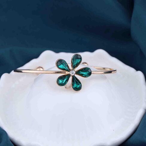 Zeshimb Gold Cuff Bangle Bracelet Vintage Emerald Flower Open Bangle Dainty Green Crystal Flower Wrist Bangle Adjustable Thin Cuff Bracelet Hand Jewelry for Women Girls in Saudi Arabia