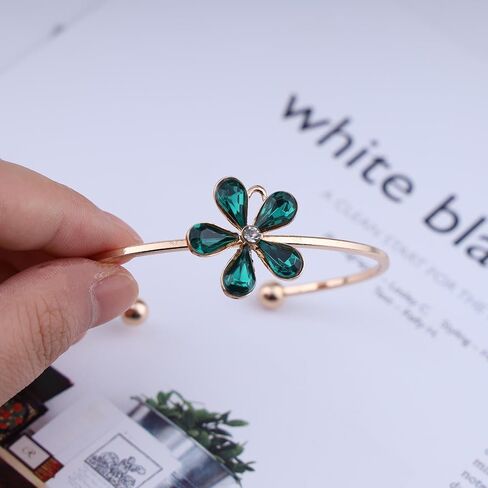 Zeshimb Gold Cuff Bangle Bracelet Vintage Emerald Flower Open Bangle Dainty Green Crystal Flower Wrist Bangle Adjustable Thin Cuff Bracelet Hand Jewelry for Women Girls in Saudi Arabia