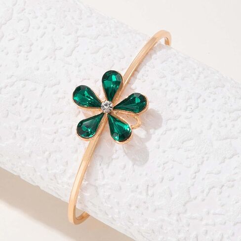 Zeshimb Gold Cuff Bangle Bracelet Vintage Emerald Flower Open Bangle Dainty Green Crystal Flower Wrist Bangle Adjustable Thin Cuff Bracelet Hand Jewelry for Women Girls in Saudi Arabia