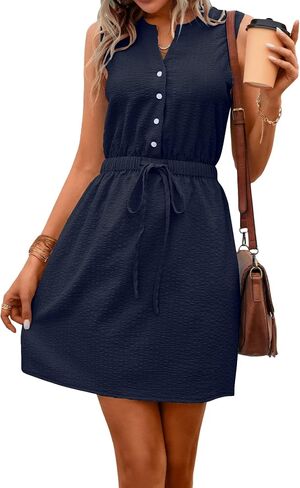 MakeMeChic Women's Casual Sleeveless Summer Dress Button Down Tie Waist A Line Short Dress Solid Tank Dress in Saudi Arabia