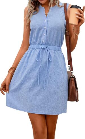 MakeMeChic Women's Casual Sleeveless Summer Dress Button Down Tie Waist A Line Short Dress Solid Tank Dress in Saudi Arabia