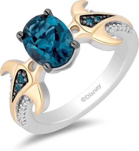 Jewelili Enchanted Disney Fine Jewelry Sterling Silver and 10K Yellow Gold 1/10 CTTW Diamond and London Blue Topaz Moana Ring in Saudi Arabia