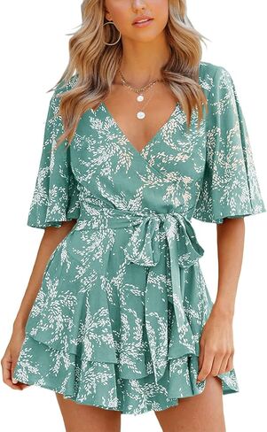 Summer Dress for Women Casual Floral Wrap V Neck Chiffon Blouses Skirt Flared Tops Ruffle Sun Flowy Mini Short Outfits in Saudi Arabia