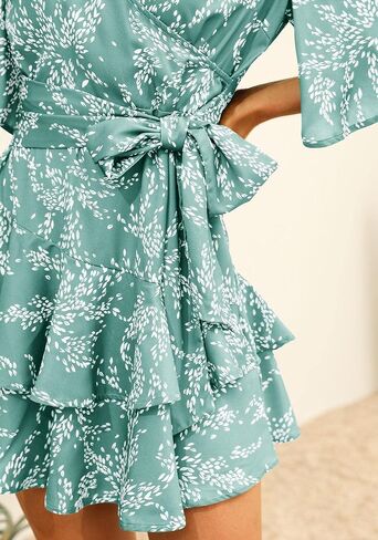 Summer Dress for Women Casual Floral Wrap V Neck Chiffon Blouses Skirt Flared Tops Ruffle Sun Flowy Mini Short Outfits in Saudi Arabia