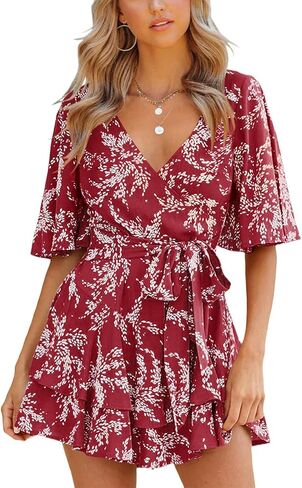 Summer Dress for Women Casual Floral Wrap V Neck Chiffon Blouses Skirt Flared Tops Ruffle Sun Flowy Mini Short Outfits in Saudi Arabia
