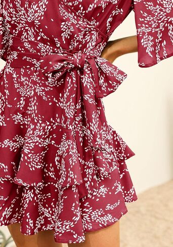 Summer Dress for Women Casual Floral Wrap V Neck Chiffon Blouses Skirt Flared Tops Ruffle Sun Flowy Mini Short Outfits in Saudi Arabia