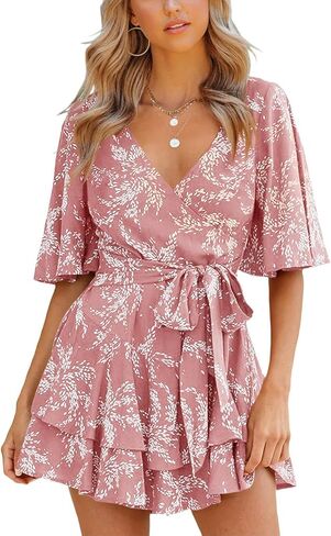 Summer Dress for Women Casual Floral Wrap V Neck Chiffon Blouses Skirt Flared Tops Ruffle Sun Flowy Mini Short Outfits in Saudi Arabia
