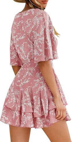 Summer Dress for Women Casual Floral Wrap V Neck Chiffon Blouses Skirt Flared Tops Ruffle Sun Flowy Mini Short Outfits in Saudi Arabia