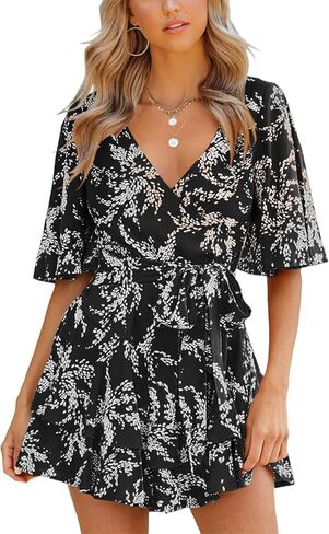 فستان صيفي للنساء كاجوال منقوش عليه زهور برقبة على شكل V بلوزات شيفون تنورة متوهج قطع علوية مكشكشة ملابس قصيرة قصيرة متدفقة من الشمس in Kuwait