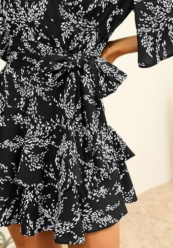 فستان صيفي للنساء كاجوال منقوش عليه زهور برقبة على شكل V بلوزات شيفون تنورة متوهج قطع علوية مكشكشة ملابس قصيرة قصيرة متدفقة من الشمس in Kuwait