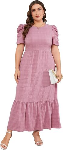 فستان صيفي طويل غير رسمي للنساء مقاس كبير للربيع بياقة دائرية وأكمام منتفخة على شكل حرف a وخصر عالٍ فستان ماكسي واسع in Kuwait