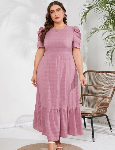 فستان صيفي طويل غير رسمي للنساء مقاس كبير للربيع بياقة دائرية وأكمام منتفخة على شكل حرف a وخصر عالٍ فستان ماكسي واسع in Kuwait