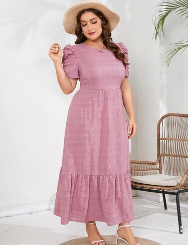 فستان صيفي طويل غير رسمي للنساء مقاس كبير للربيع بياقة دائرية وأكمام منتفخة على شكل حرف a وخصر عالٍ فستان ماكسي واسع in Kuwait