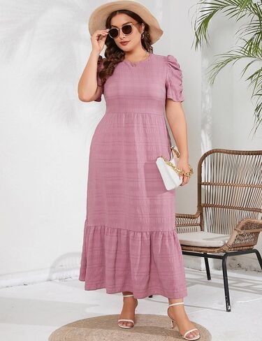 فستان صيفي طويل غير رسمي للنساء مقاس كبير للربيع بياقة دائرية وأكمام منتفخة على شكل حرف a وخصر عالٍ فستان ماكسي واسع in Kuwait