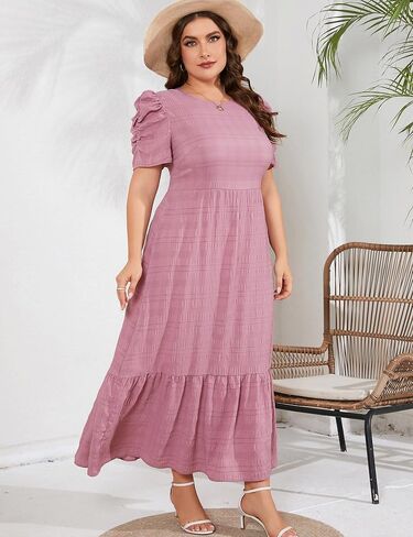 فستان صيفي طويل غير رسمي للنساء مقاس كبير للربيع بياقة دائرية وأكمام منتفخة على شكل حرف a وخصر عالٍ فستان ماكسي واسع in Kuwait