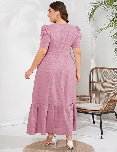 فستان صيفي طويل غير رسمي للنساء مقاس كبير للربيع بياقة دائرية وأكمام منتفخة على شكل حرف a وخصر عالٍ فستان ماكسي واسع in Kuwait