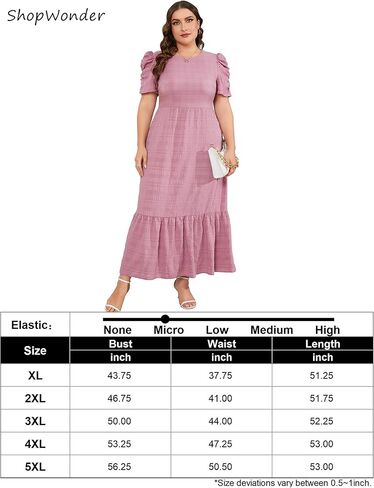 فستان صيفي طويل غير رسمي للنساء مقاس كبير للربيع بياقة دائرية وأكمام منتفخة على شكل حرف a وخصر عالٍ فستان ماكسي واسع in Kuwait