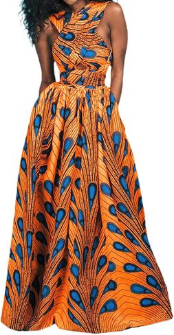 Giovacker Women's African Print Deep V-Neck High Waist Bohemian Maxi Long Dress in Saudi Arabia