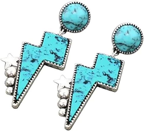 Western Turquoise Stud Earrings for Women Girls Natural Green Stone Lightning Bolt Thunder Flash Drop Dangle Earrings Cowgirls Cowboy Punk Party Statement Jewelry in Saudi Arabia