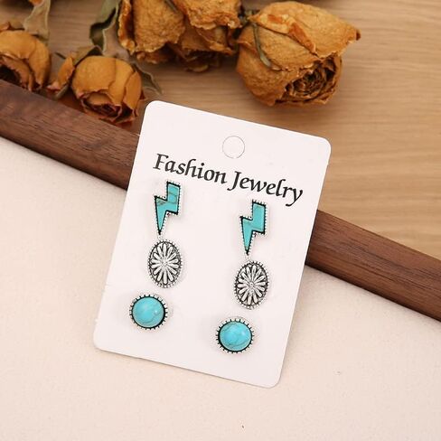 Western Turquoise Stud Earrings for Women Girls Natural Green Stone Lightning Bolt Thunder Flash Drop Dangle Earrings Cowgirls Cowboy Punk Party Statement Jewelry in Saudi Arabia