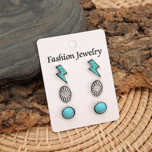 Western Turquoise Stud Earrings for Women Girls Natural Green Stone Lightning Bolt Thunder Flash Drop Dangle Earrings Cowgirls Cowboy Punk Party Statement Jewelry in Saudi Arabia