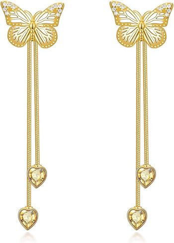 AOBOCO 925 Sterling Silver Butterfly Earrings for Women Gold Butterfly Dangle Drop Earrings with Simulated Citrine Crystal Jewelry Gift for Her in Saudi Arabia