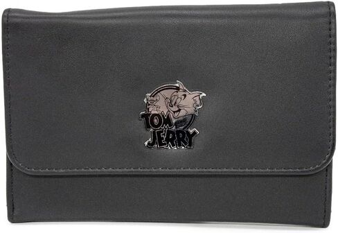 Buckle Down Men's Hanna Barbera Wallet, Foldover, Tom and Jerry Logo Metal Emblem, Black, Vegan Leather, 6.5" x 4.5" in Saudi Arabia